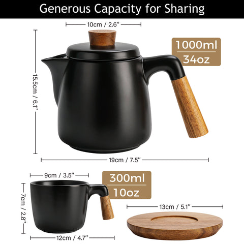 Tea set, teapot 1000 ml + 4x300 ml, black